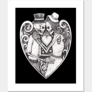 Skeleton lovers in love vintage heart art. Posters and Art